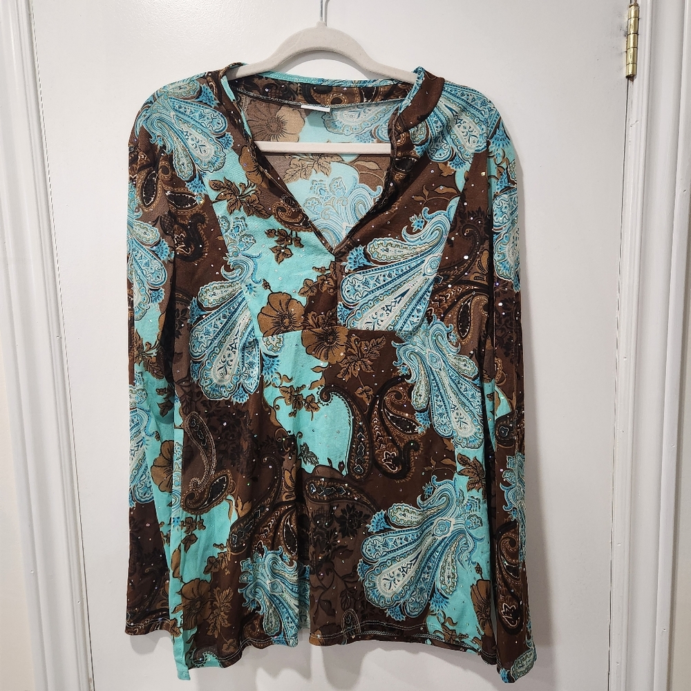 Suzy Shier Brown and Teal Paisley Print Blouse